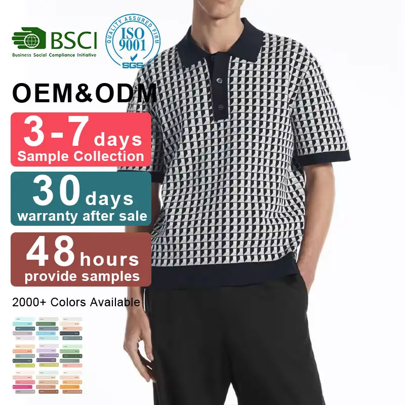 OEM/ODM kaus polo Jersey pria, kaus Polo geometris kompleks lengan pendek rajut musim panas untuk pria