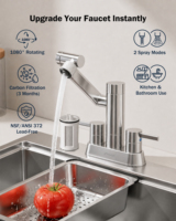 Robinet de cuisine à double poignée avec filtre à eau intégré, 1080 °   Robinet d'eau potable rotatif en acier inoxydable SS304