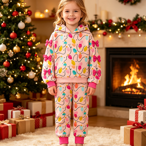 Haut à capuche sans manches et pantalon de jogging en coton biologique imprimé avec des nœuds en forme d'oies en pain d'épices personnalisés pour filles, tenues de Noël - Product Image 3