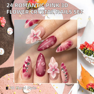 24 Uñas Postizas Románticas <span class=keywords><strong>de</strong></span> <span class=keywords><strong>Color</strong></span> <span class=keywords><strong>Rosa</strong></span>, Diseño Floral 3D con Detalles <span class=keywords><strong>de</strong></span> Cristal, Uñas a Presión, Personalizables - Product Image 4
