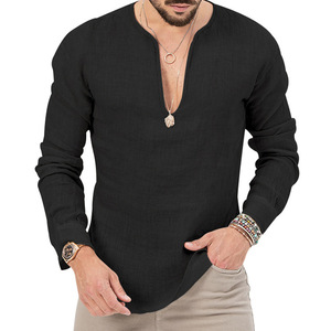 Camicia a maniche lunghe da <span class=keywords><strong>uomo</strong></span> in cotone e lino vintage, casual, tinta unita, vestibilità ampia, per primavera e autunno - Grande successo! - Product Image 3