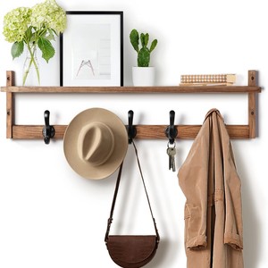 Solid Wood Coat Rack With <b>Shelf</b> 29 Inch Wall Mounted <b>Hooks</b> For Entryway Bedroom Bathroom Storage - Product Image 5