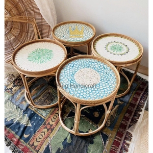 Custom Handcrafted Wicker Nightstand Shell Mosaic Top <b>Round</b> Living Room Accent <b>Table</b> <b>Bedside</b> Furniture Set - Product Image 4