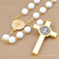 Chapelet Doré Perles en Verre Blanc 8mm Saint Benoît, Rosaires Catholiques, Collier Croix