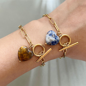 กำไลหินธรรมชาติรูปหัวใจปรับแต่งได้ สร้อยข้อมือสแตนเลสแบบโซ่คลิปหนีบกระดาษ สำหรับร้านบูติกและวันแม่ - Product Image 1