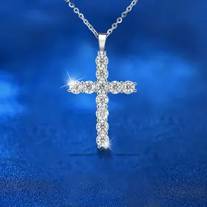 925 Sterling Silver Cross Necklace 0.1Ct Moissanite Diamond Cross Pendant Necklaces for Women Wholesale Jewellery