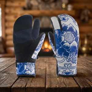 Mitaines de ski imperméables à imprimé floral bleu, gants de snowboard thermiques unisexes pour l'hiver - Product Image 3
