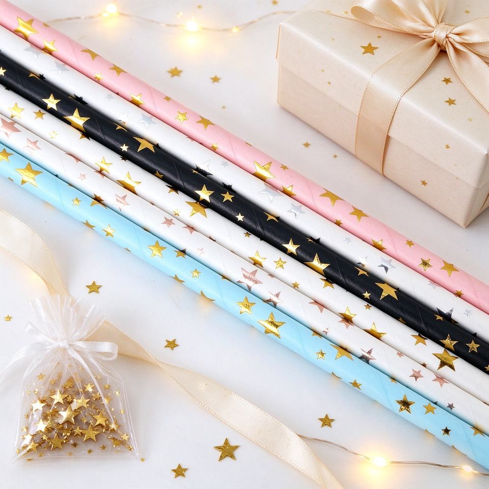 Gradution Banner Sample Gold Foil Star Paper Straws Disposable Party Drinking Straws for ...