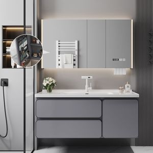 Meuble de salle de bain noir simplifié avec miroir en verre alvéolé, vasque blanche et corps de meuble suspendu - Product Image 4