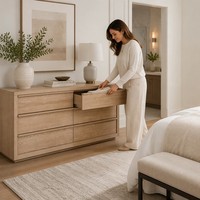 Commode minimaliste à 6 tiroirs en bois massif, style américain, sans poignées, avec poignées intégrées, en chêne clair, pour hall et maison de style farmhouse, vente en gros