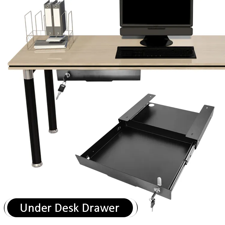 JH-Mech Under Desk Pull Out Drawer Black Office with Lock for Standing Lockable Under Desk Storage Drawer