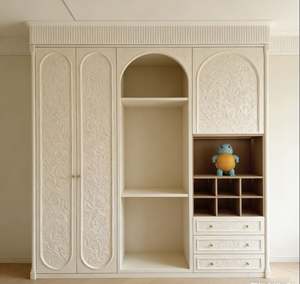 Beige Bedroom Wardrobe with Ribbed Glass Doors Built in Shelves and Drawers Spacious Clothes Storage <b>Cabinet</b> with Classic Design - Product Image 2