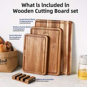 Juego de 3 tablas de cortar de madera rectangulares para cocina, tabla de cortar gruesa con ranura profunda para hielo, bloque de carnicero, madera de acacia Natural - Product Image 4