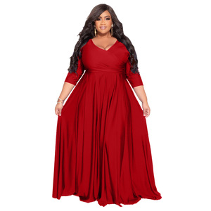 Vestido elegante de talla grande para mujer gorda, vestido maxi de noche de boda sexy con cuello en V de color sólido - Product Image 6