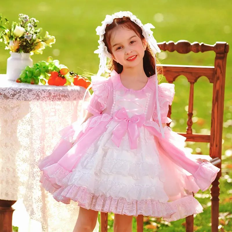 3514 çocuk giyim fırfır kısa kollu ispanyolca Lolita balo dantel yay elbise bebek kız doğum günü partisi Vintage prenses elbiseler