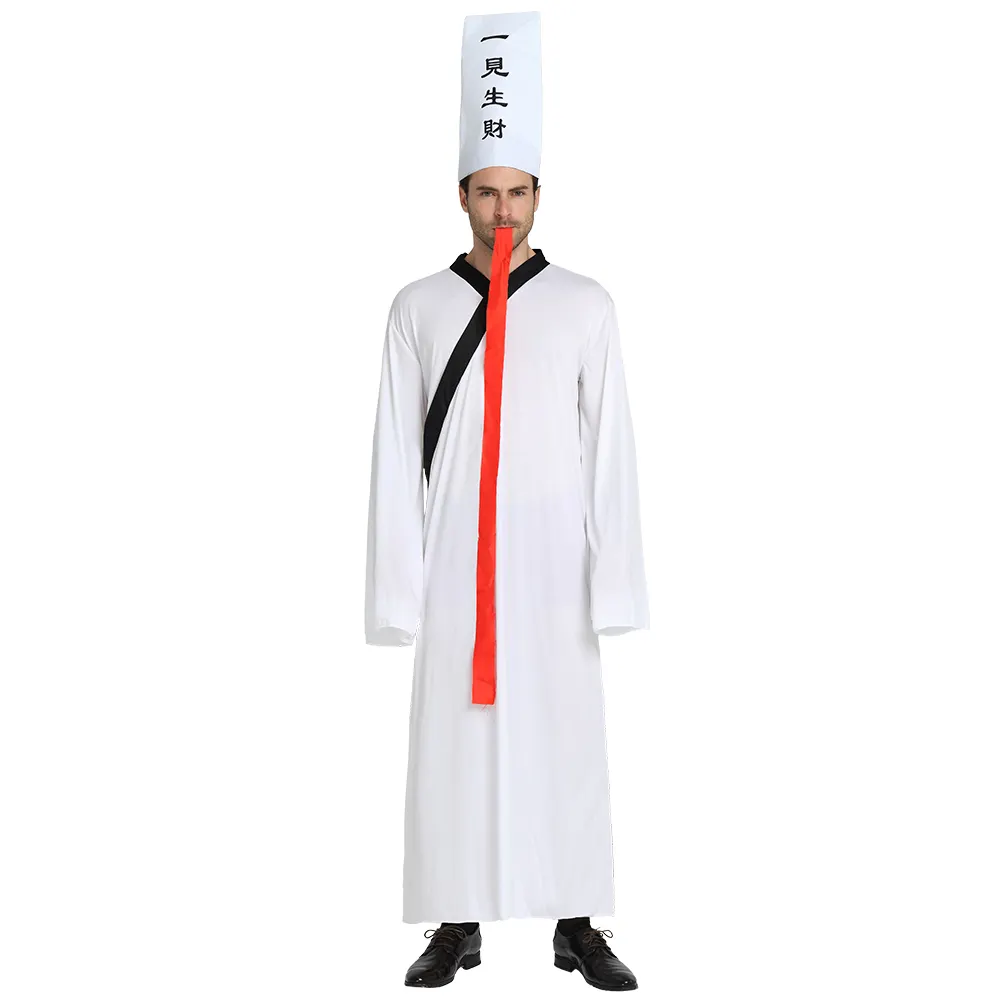 Men's China Style Devil Black White Jumpsuit Adults Cosplay Party Costume with Hat Accessories