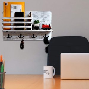 Organisateur mural rustique en bois blanc, étagère flottante <span class=keywords><strong>avec</strong></span> crochets à clés pour l'entrée, le rangement, pour le salon - Product Image 5