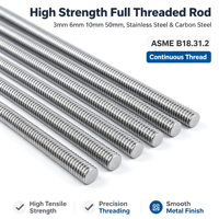 ASME B18.31.2 Full Threaded Rod, 3mm 6mm 10mm 50mm Stainless Steel & Carbon Steel Continuous Thread Stud Bolt