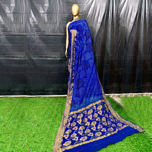 Sari Rai Dana Bandhani de Chifón Puro Hecho a Mano para Bodas y Eventos Festivos - Product Image 1