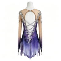 Robe de patinage artistique pour enfants, dégradé violet, dos ajouré, manches longues, maille ornée de strass, jupe asymétrique, pour spectacle sur scène