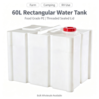 Réservoir d'eau carré en plastique PE, réservoir de stockage d'eau de 60 litres, conteneur rectangulaire avec bouchon à vis, pour la ferme, le camping, garantie 1 an