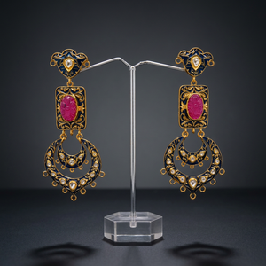 Pendientes de boda Chandbali Meenakari azul real al por mayor con piedra roja tallada, estilo indio Polki Kundan, chapados en oro de 18 quilates y plata 925 - Product Image 5