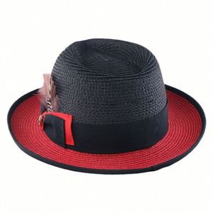 Chapeaux Fedora en paille de papier bicolores noir et rouge avec plume, collection été 2025 - Product Image 4