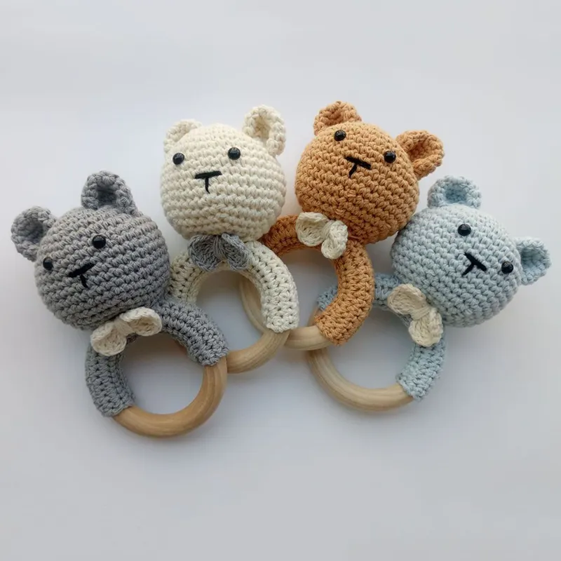 गर्म बिक्री Crochet भालू शुरुआती लकड़ी अंगूठी बच्चे Teether संवेदी खिलौने