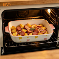 Plat à pâtisserie rectangulaire en céramique, motif floral peint à la main, avec poignées, compatible micro-ondes et lave-vaisselle, vente en gros