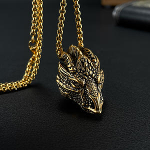 हिप हॉप स्टेनलेस स्टील विंटेज स्टेनलेस स्टील प्राचीन सोने चांदी ड्रैगन सिर पेलेंट लिंक चेन हार पुरुषों के लिए - Product Image 1