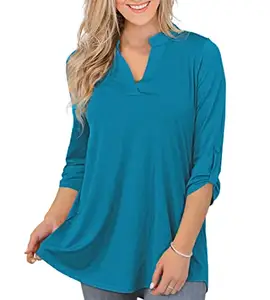 Womens fold solid color V Neck rayon Long 3/4 Roll Sleeved women tunic top chiffon Shirts Blouses bayan tunik