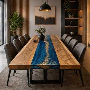 Table à manger en bois et résine époxy de luxe, meubles modernes faits à la main, combinaison de bois naturel et de résine, table à manger personnalisée pour la maison - Product Image 1