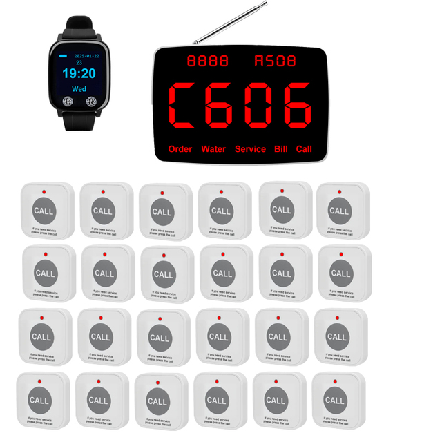 Wireless Waiter Watch Paging System Waterproof Rechargeable Wrist Receiver Guest Call Button Device for Hotel Restaurant Cafe