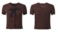 Ensemble deux pièces pour femme : Cardigan court à col rond et manches courtes en maille respirante, couleur unie, avec nœud, et mini-jupe trapèze taille haute au-dessus du genou