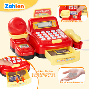 Caisse enregistreuse pour enfants, jouet de simulation avec son, lumière, calculatrice, balance, scanner et pièces de monnaie pour jeu de rôle en supermarché - Product Image 4