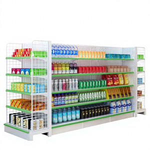Expositor de Panel Trasero Perforado con Contenedores Laterales de Malla y Múltiples Niveles para Organización de Bebidas y Productos Envasados en Tiendas de Conveniencia - Product Image 1