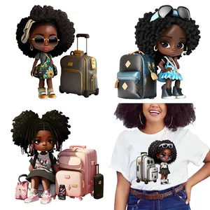 Noir voyage fille avec valise décalcomanies fer sur afro américain voyage fille vacances DTF transfert autocollant prêt à appuyer pour les vêtements