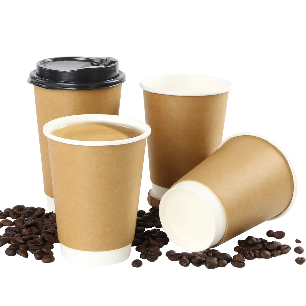 Одноразовая бумажная кофейная чашка 8 12 16 унций с покрытием из крафтовой бумаги для горячих напитков с двойными стенками и крышками