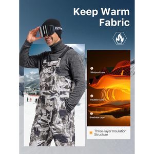 FOXA Mens Snow Bib Pants <b>Waterproof</b> Insulated Windproof Ski <b>Overalls</b> Camo Print Synthetic Fiber 100% Polyester - Product Image 4