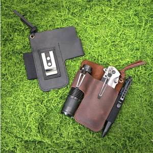 Outdoor Genuine <b>Leather</b> Sheath Durable Folding Knife & Flashlight Holder Lightweight EDC <b>Tools</b> Protector with Clip for Carrying - Product Image 1