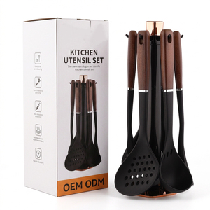 Cookware Gadget Set Wood Grain Handle <b>Silicone</b> Kitchen Utensils Cooking Utensils with Rotating Stand - Product Image 1
