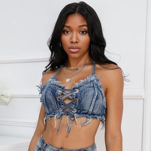 Ensemble 2 pièces en jean pour femme : Top sexy en jean à col licou et short en jean ultra court bouffant style gâteau, Tendance - Product Image 3