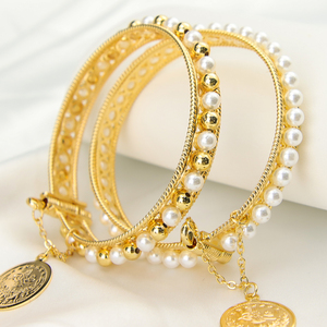 Dubai Fashion Women's Pearl <b>Bangle</b> Bracelet 21k Gold Plated Elegant Gold Beads Open <b>Bangles</b> with Coin Pendant - Product Image 2