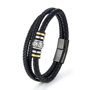 Men's Fashion Stainless Steel Multi-layer Diy Leather <b>Bracelet</b> American Braided <b>Rope</b> Leather Titanium Steel <b>Bracelet</b> Wholesale - Product Image 1