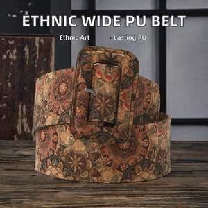 Ethnic Style Wide PU Leather Ladies Corset <b>Belt</b> with Alloy Pin Buckle Cartoon Pattern 5.5CM Width Durable Waistband - Product Image 2