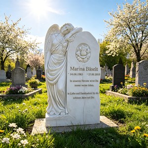 Stèle funéraire en granit noir à ailes ouvertes avec statue d'ange blanche, motif floral et colombe gravé, marqueur commémoratif de cimetière - Product Image 5