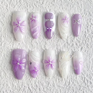 Màu Xanh Pháp Tip Báo Chí Trên Móng Tay Hoa Vừa Almond-3D Hoa Handmade Khỏa Thân-Salon Gel Acrylic Toàn Bộ Tái Sử Dụng - Product Image 3