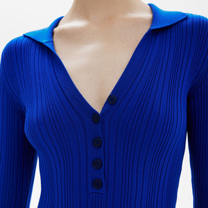 Outono Atacado Elegante Cor Pura Manga Longa <span class=keywords><strong>V</strong></span> Pescoço Turn Down Collar Body Fitting Knit Maxi Vestido Camisola Das Mulheres - Product Image 4