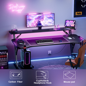 Bureau de jeu ergonomique pour ordinateur portable <span class=keywords><strong>PC</strong></span> 1,2/1,4/1,6 m avec éclairage d'ambiance LED RGB et étagères pour moniteur - Product Image 2