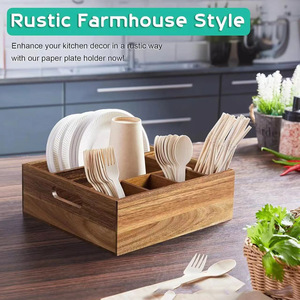 Wooden Cutlery <b>Storage</b> <b>Box</b> Rectangle Dark Brown With Handle For <b>Kitchen</b> Organizing Fork Spoon Plate Cup - Product Image 3